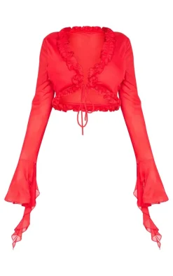 Hot PrettyLittleThing Shape Tie Front Frill Edge Flare Sleeve Top Red