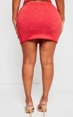 Sale PrettyLittleThing Shape Washed Cotton Seam Lettuce Hem Skirt Red