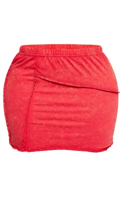 Sale PrettyLittleThing Shape Washed Cotton Seam Lettuce Hem Skirt Red