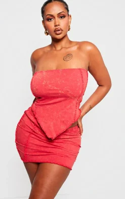 Best PrettyLittleThing Shape Washed Cotton Seam Bandeau Top Red