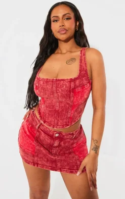New PrettyLittleThing Shape Washed Denim Corset Red