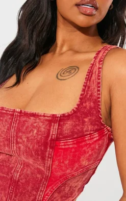 New PrettyLittleThing Shape Washed Denim Corset Red