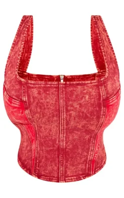 New PrettyLittleThing Shape Washed Denim Corset Red