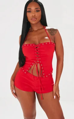 PrettyLittleThing Shape Red Woven Low Rise Hot Pants Washed Red