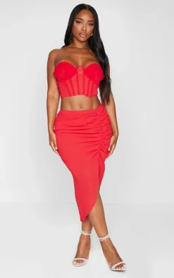 Online PrettyLittleThing Shape Woven Ruched Midi Skirt Red