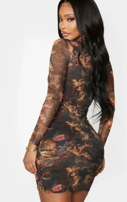 Shape Renaissance Print High Neck Mesh Bodycon Dress-PrettyLittleThing Discount