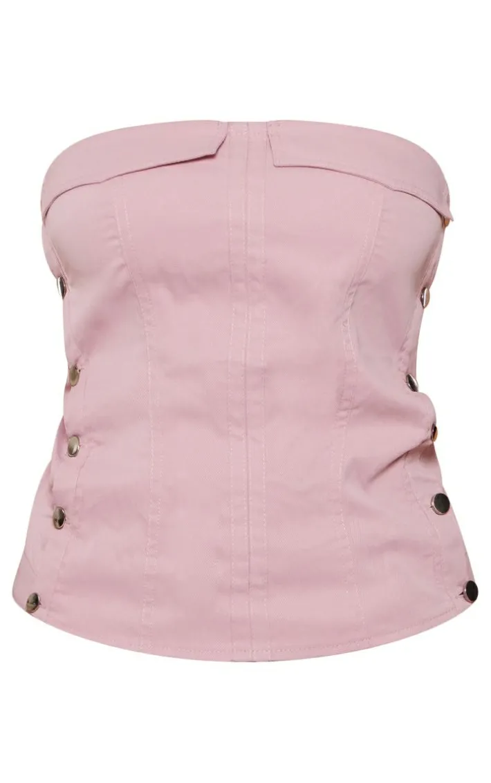 Shape Rose Denim Look Button Up Bandeau Crop Top