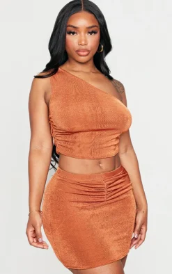 Online PrettyLittleThing Shape Slinky Acetate One Shoulder Crop Top Rust