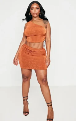 Online PrettyLittleThing Shape Slinky Acetate One Shoulder Crop Top Rust