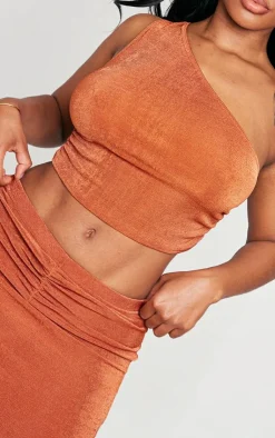 Online PrettyLittleThing Shape Slinky Acetate One Shoulder Crop Top Rust