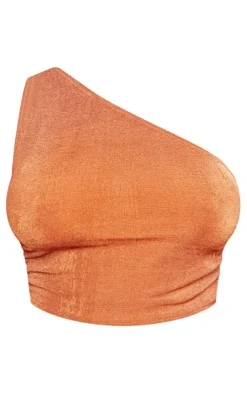 Online PrettyLittleThing Shape Slinky Acetate One Shoulder Crop Top Rust
