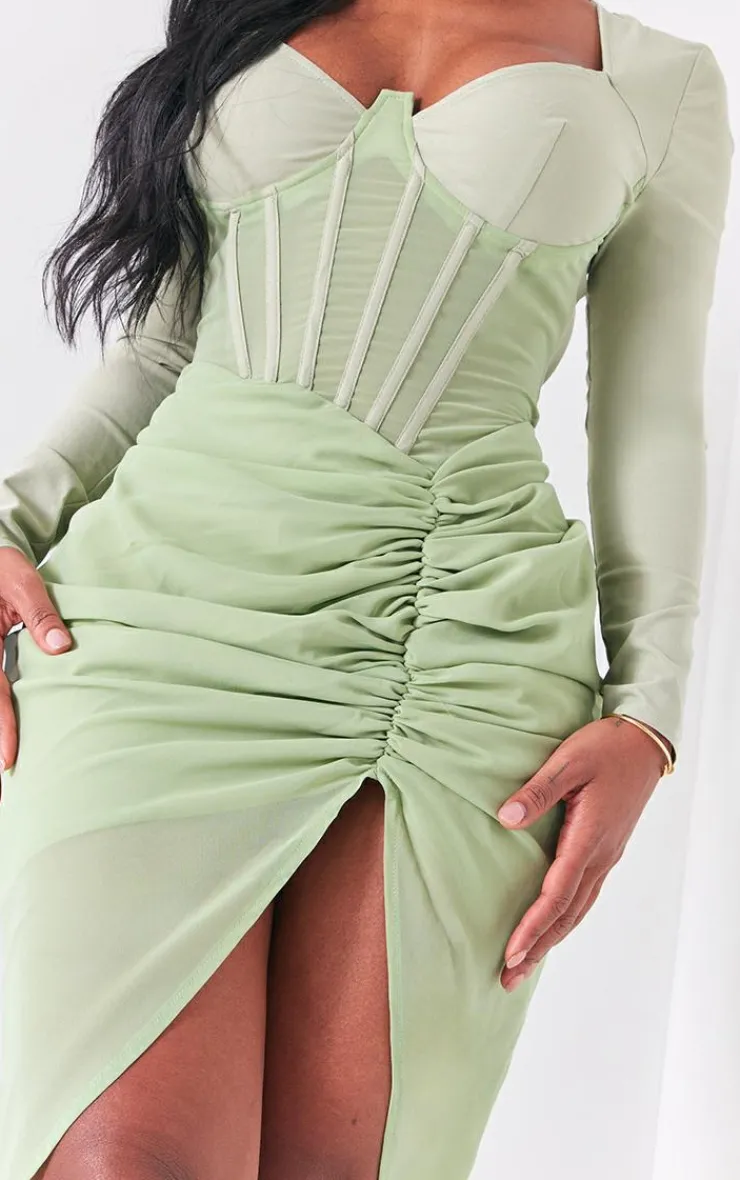 Shape Corset Long Sleeve Ruched Midi Dress-PrettyLittleThing Outlet