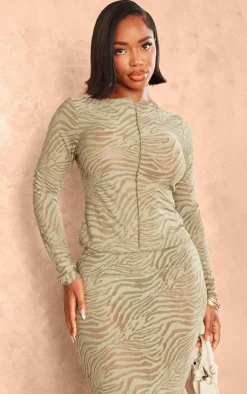 Best PrettyLittleThing Shape Flocked Mesh Long Sleeve Longline Top Sage Green