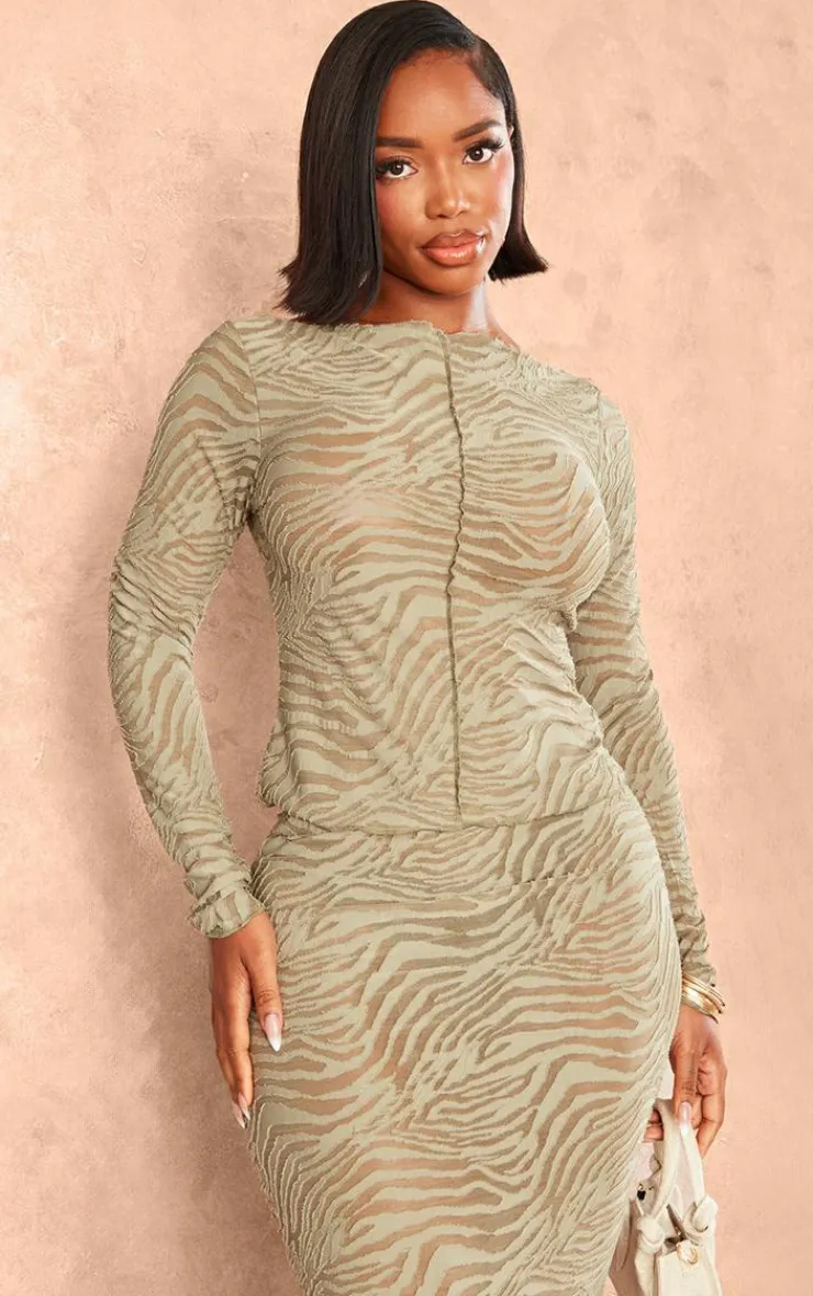 Best PrettyLittleThing Shape Flocked Mesh Long Sleeve Longline Top Sage Green
