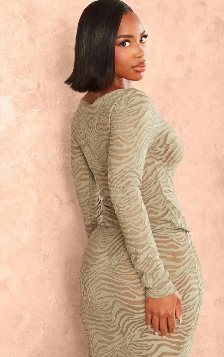 Best PrettyLittleThing Shape Flocked Mesh Long Sleeve Longline Top Sage Green