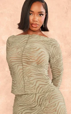 Best PrettyLittleThing Shape Flocked Mesh Long Sleeve Longline Top Sage Green