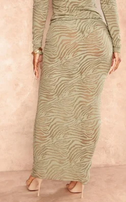Discount PrettyLittleThing Shape Flocked Mesh Maxi Skirt Sage Green