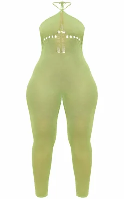 Shape Sage Green Knit Sheer Halterneck Jumpsuit-PrettyLittleThing Hot