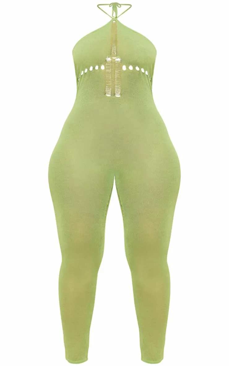 Shape Sage Green Knit Sheer Halterneck Jumpsuit-PrettyLittleThing Hot