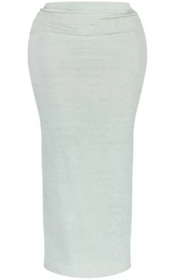 Sale PrettyLittleThing Shape Lurex Glitter Low Rise Maxi Skirt Sage Green