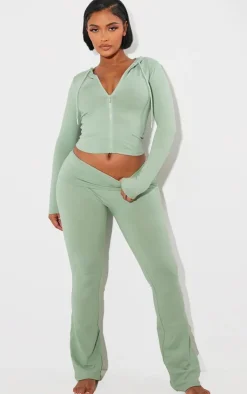 Outlet PrettyLittleThing Shape Sculpted Foldover Waist Flare Pants Sage Green