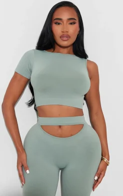 Discount PrettyLittleThing Shape Soft Seamless One Sleeve Crop Top Sage Green