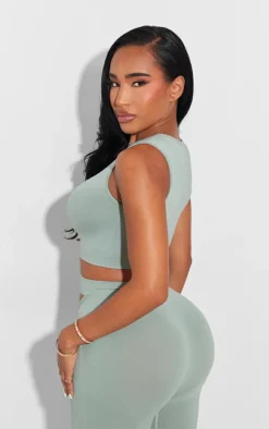 Discount PrettyLittleThing Shape Soft Seamless One Sleeve Crop Top Sage Green