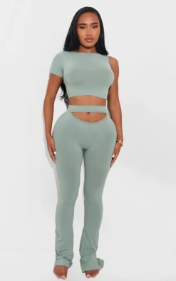 Discount PrettyLittleThing Shape Soft Seamless One Sleeve Crop Top Sage Green