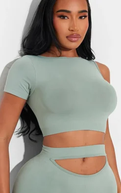 Discount PrettyLittleThing Shape Soft Seamless One Sleeve Crop Top Sage Green