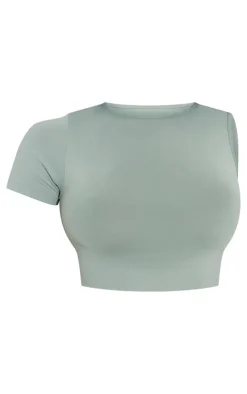 Discount PrettyLittleThing Shape Soft Seamless One Sleeve Crop Top Sage Green