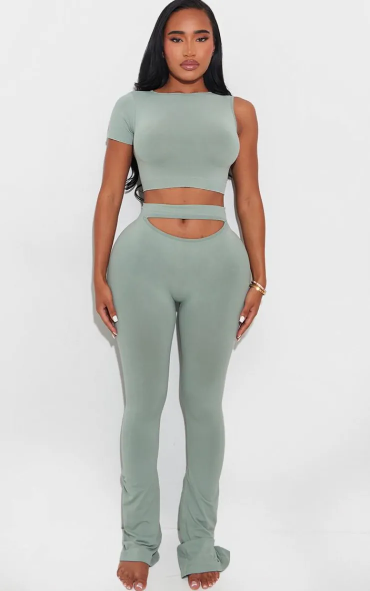 Clearance PrettyLittleThing Shape Soft Seamless Cut Out Flare Pants Sage Green