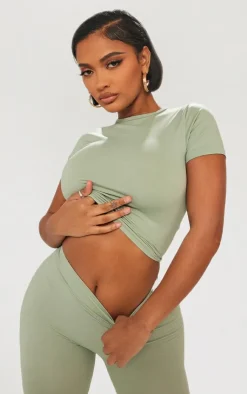 Best PrettyLittleThing Shape Stretch Seamless Short Sleeve Longline Top Sage Green