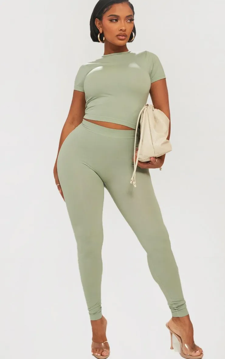 Best PrettyLittleThing Shape Stretch Seamless Short Sleeve Longline Top Sage Green