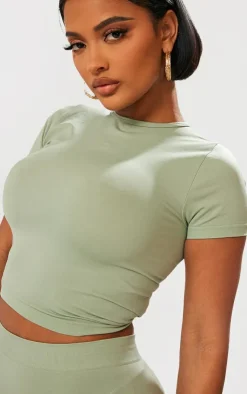 Best PrettyLittleThing Shape Stretch Seamless Short Sleeve Longline Top Sage Green