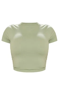 Best PrettyLittleThing Shape Stretch Seamless Short Sleeve Longline Top Sage Green
