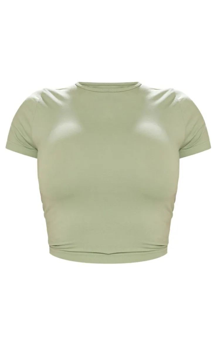 Best PrettyLittleThing Shape Stretch Seamless Short Sleeve Longline Top Sage Green
