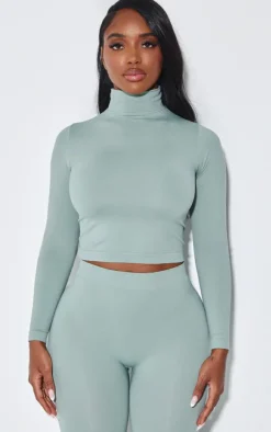 Outlet PrettyLittleThing Shape Stretch Seamless High Neck Long Sleeve Top Sage Green