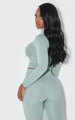 Outlet PrettyLittleThing Shape Stretch Seamless High Neck Long Sleeve Top Sage Green