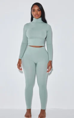 Outlet PrettyLittleThing Shape Stretch Seamless High Neck Long Sleeve Top Sage Green