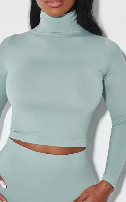 Outlet PrettyLittleThing Shape Stretch Seamless High Neck Long Sleeve Top Sage Green
