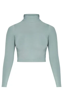 Outlet PrettyLittleThing Shape Stretch Seamless High Neck Long Sleeve Top Sage Green