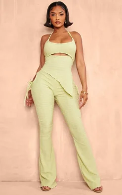 New PrettyLittleThing Shape Textured Cut Out Flare Pants Sage Green