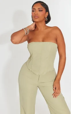 Clearance PrettyLittleThing Shape Woven Lace Up Back Corset Sage Green