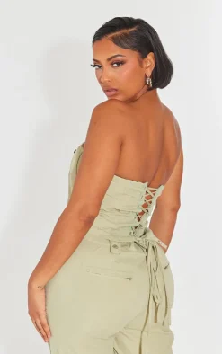 Clearance PrettyLittleThing Shape Woven Lace Up Back Corset Sage Green