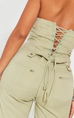 Clearance PrettyLittleThing Shape Woven Lace Up Back Corset Sage Green