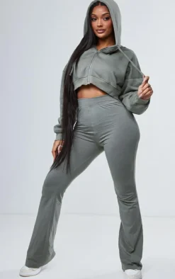 Hot PrettyLittleThing Shape Cotton High Waist Flared Pants Sage Khaki