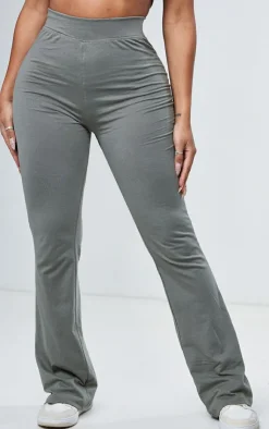 Hot PrettyLittleThing Shape Cotton High Waist Flared Pants Sage Khaki