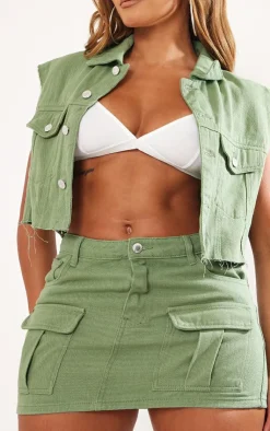 Best PrettyLittleThing Shape Washed Denim Low Rise Micro Mini Skirt Sage Khaki