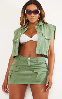 Online PrettyLittleThing Shape Washed Denim Raw Hem Edge Cropped Jacket Sage Khaki