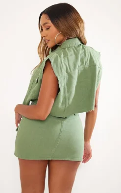 Online PrettyLittleThing Shape Washed Denim Raw Hem Edge Cropped Jacket Sage Khaki